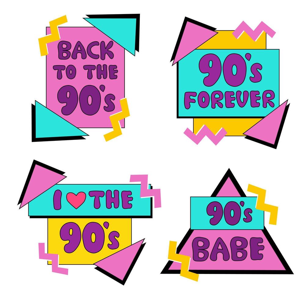 Set of emblems, stickers, logo and labels of the 90s. Back to 90s. I love the 90. Forever Young. 90s style label lettering, abstract colorful geometric shapes. vector