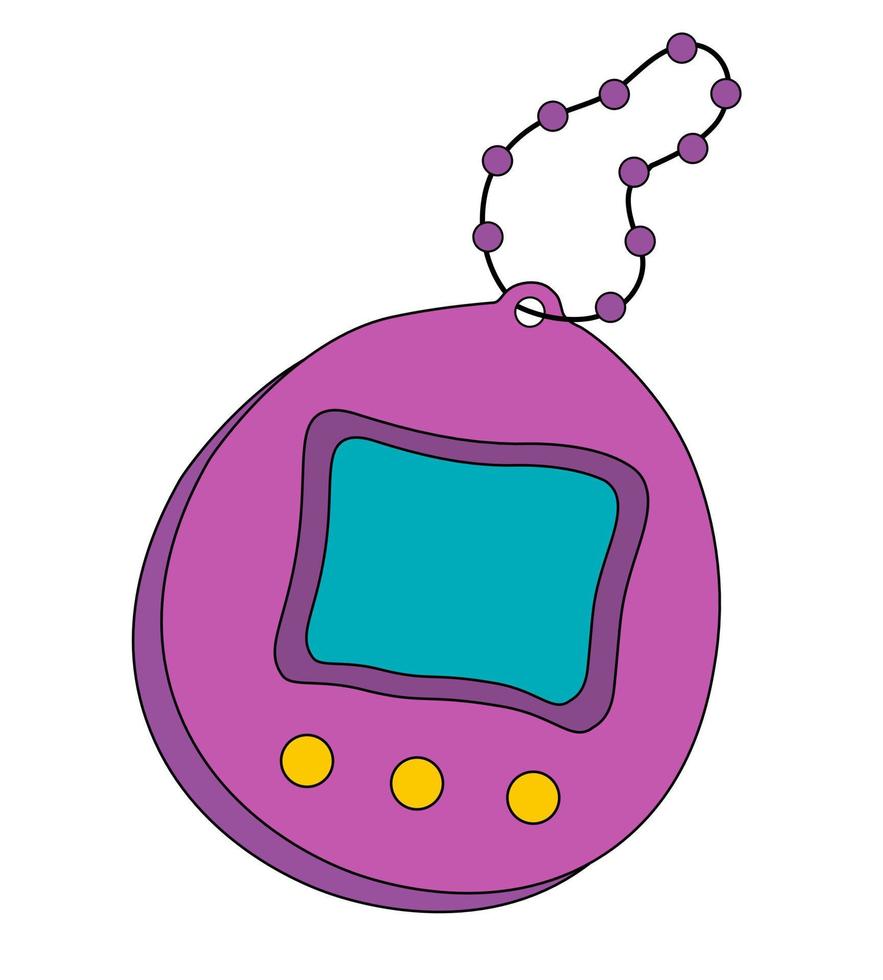 Japanese toy vector illustration. Vintage digital pocket game icon and sticker. Retro purple Toy 90 with screen display, chain and buttons. Nostalgia from era 90s.