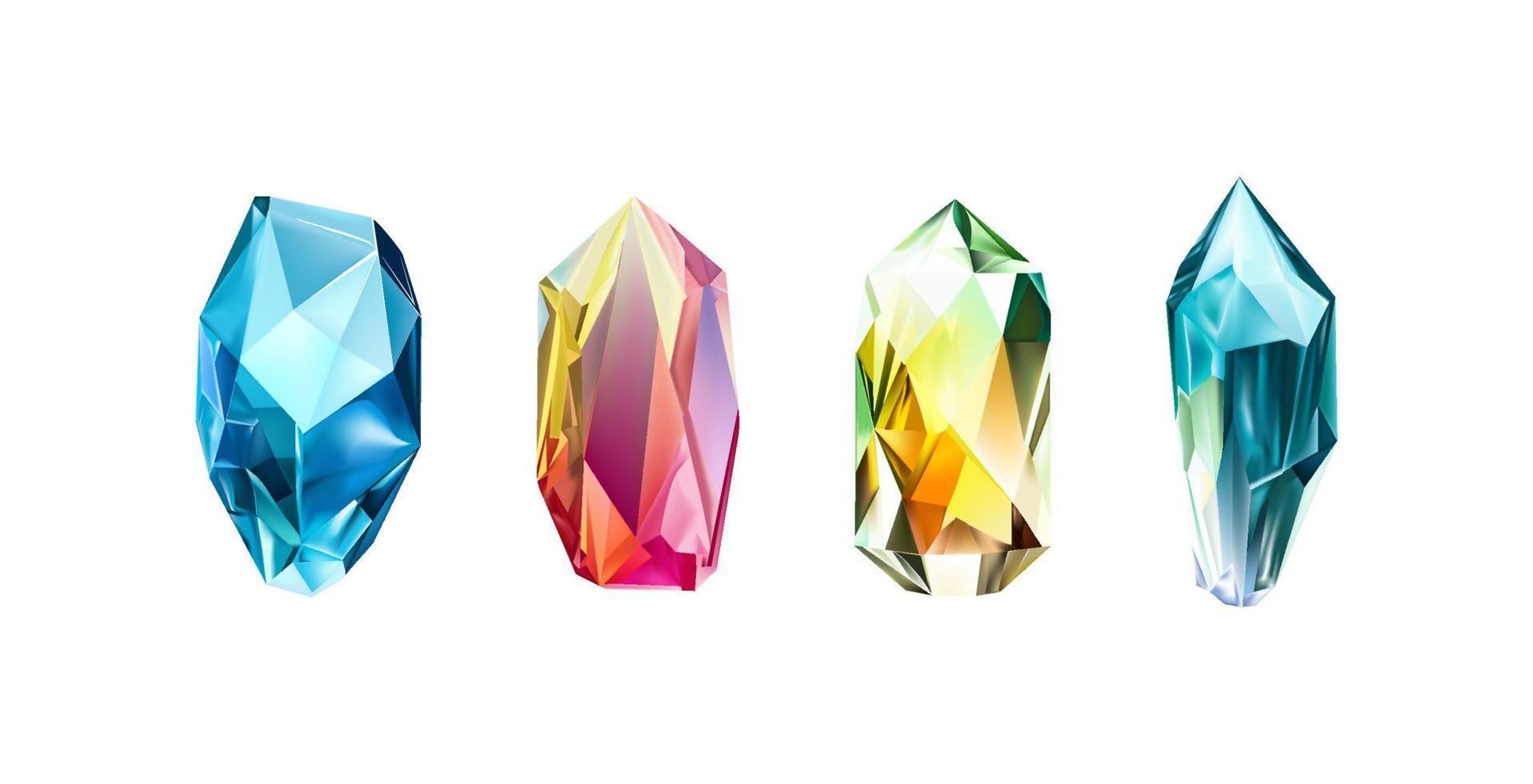 A collection of images of diamonds of various geometric shapes, colors and sizes.Glass shiny crystals with different shades reflecting light.Vector realistic set of glow gemstone or colorful ice. vector