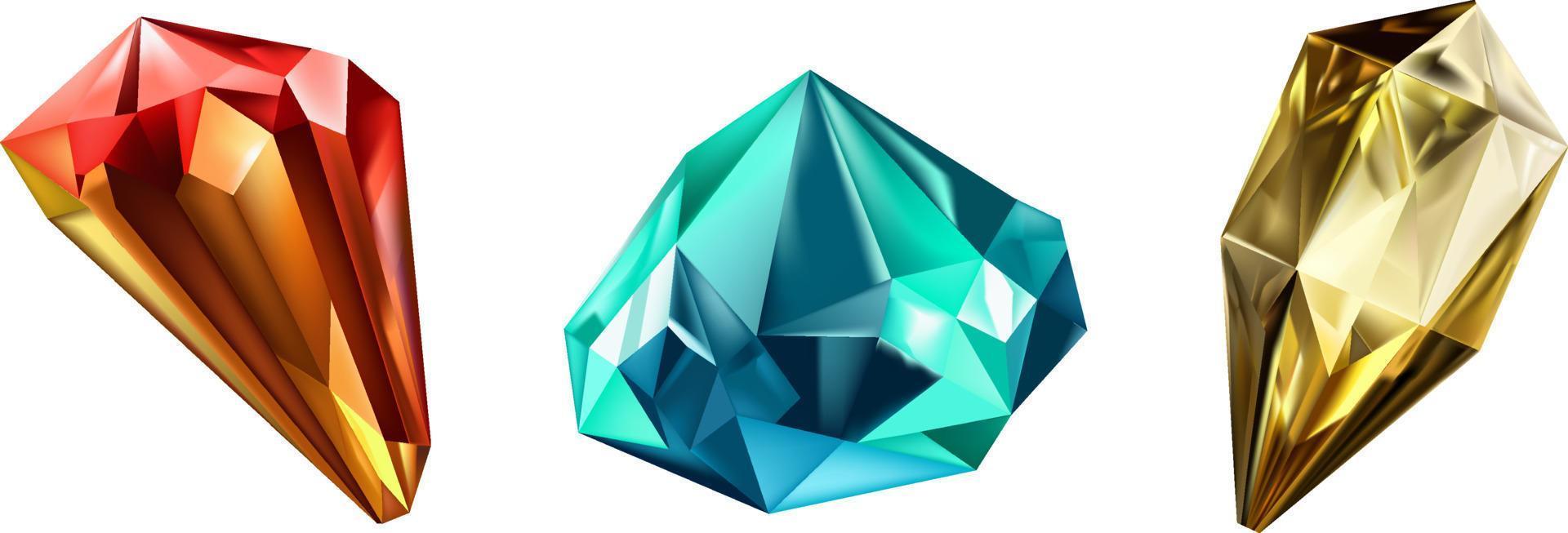 un colección de imágenes de diamantes de varios geométrico formas, colores y tallas.vidrio brillante cristales con diferente sombras reflejando luz.vector realista conjunto de resplandor piedra preciosa o vistoso hielo. vector