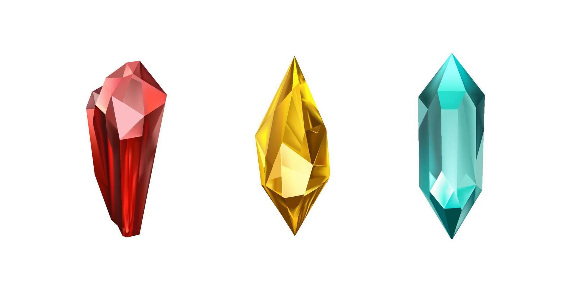 A collection of images of diamonds of various geometric shapes, colors and sizes.Glass shiny crystals with different shades reflecting light.Vector realistic set of glow gemstone or colorful ice. vector