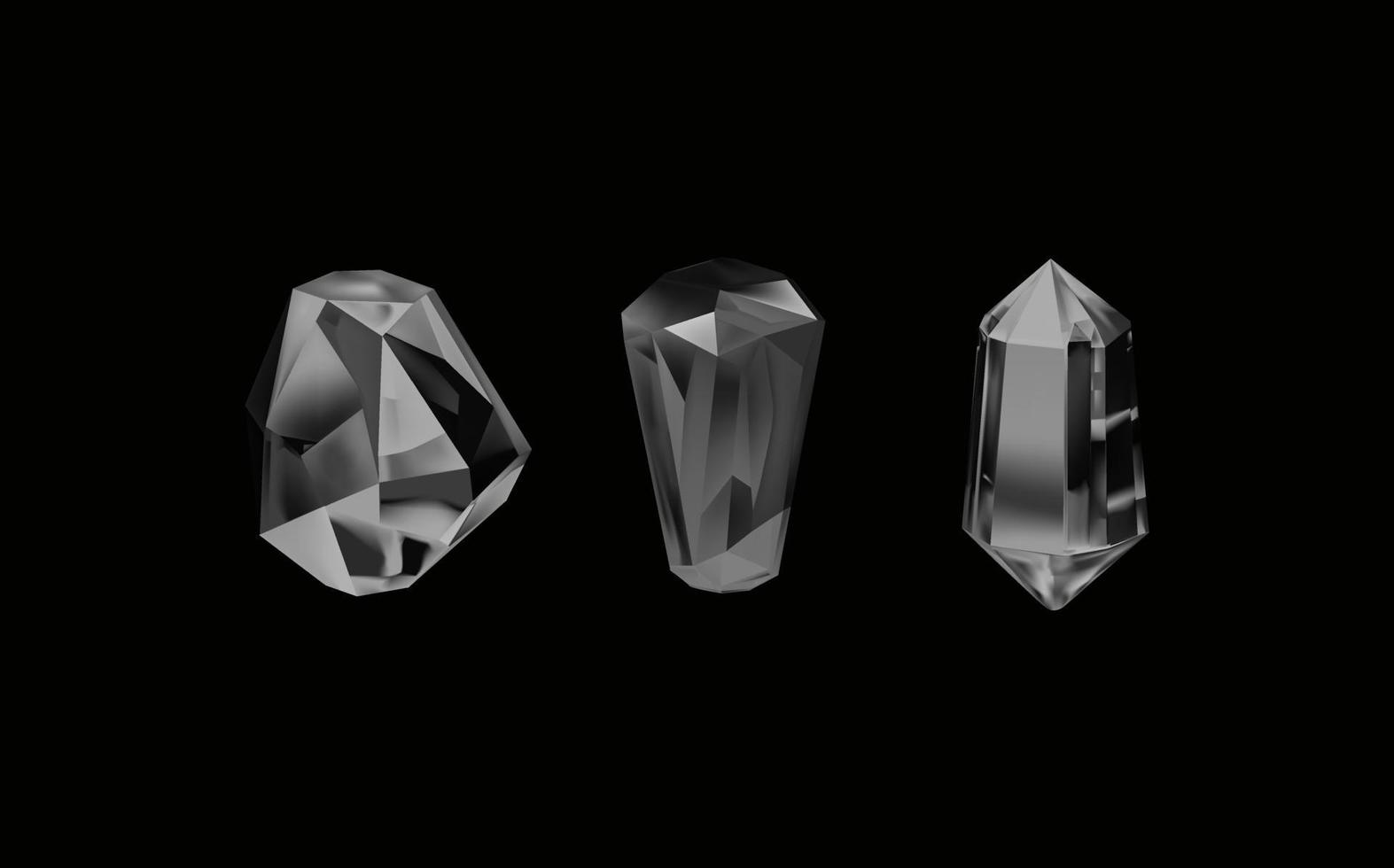 A collection of images of black  diamonds of various geometric shapes and sizes.Glass shiny crystals with different shades reflecting light.Vector realistic set of glow gemstone or colorful ice. vector