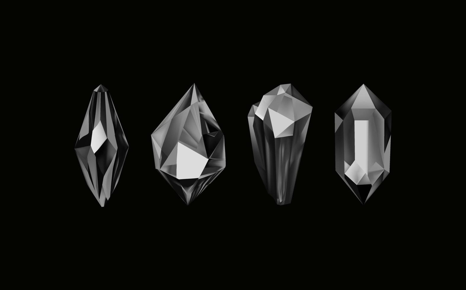 A collection of images of black  diamonds of various geometric shapes and sizes.Glass shiny crystals with different shades reflecting light.Vector realistic set of glow gemstone or colorful ice. vector