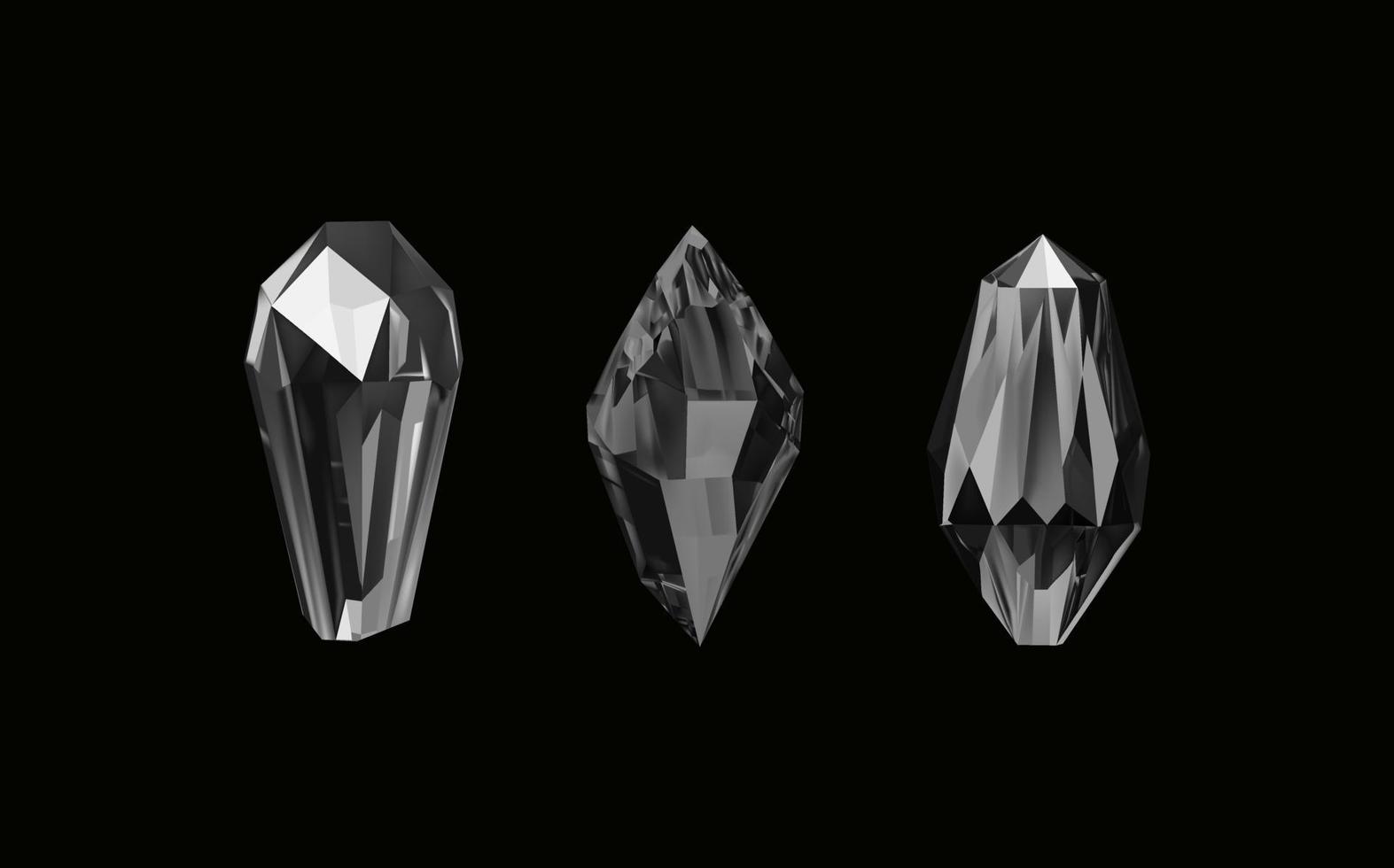 A collection of images of black  diamonds of various geometric shapes and sizes.Glass shiny crystals with different shades reflecting light.Vector realistic set of glow gemstone or colorful ice. vector