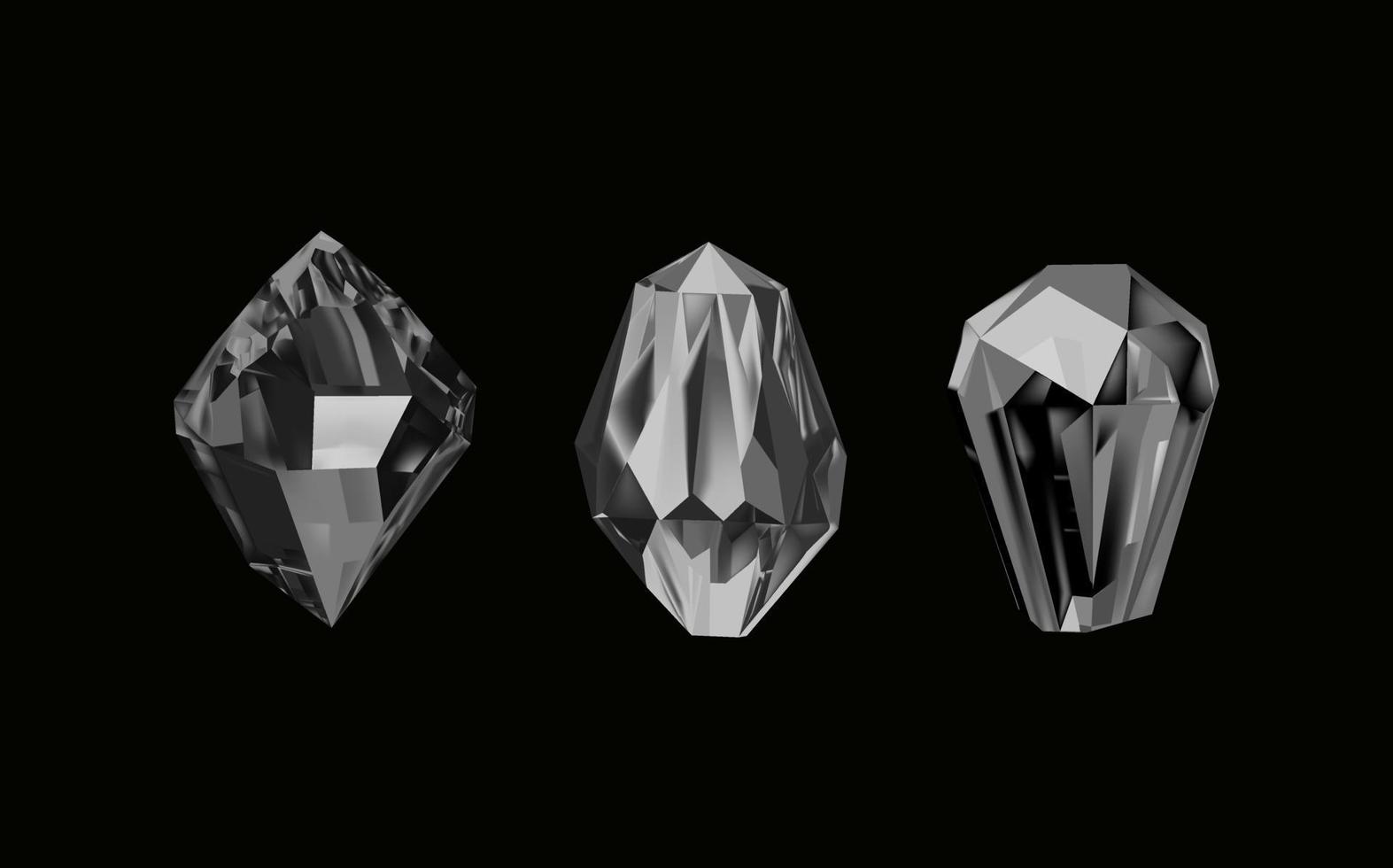 A collection of images of black  diamonds of various geometric shapes and sizes.Glass shiny crystals with different shades reflecting light.Vector realistic set of glow gemstone or colorful ice. vector
