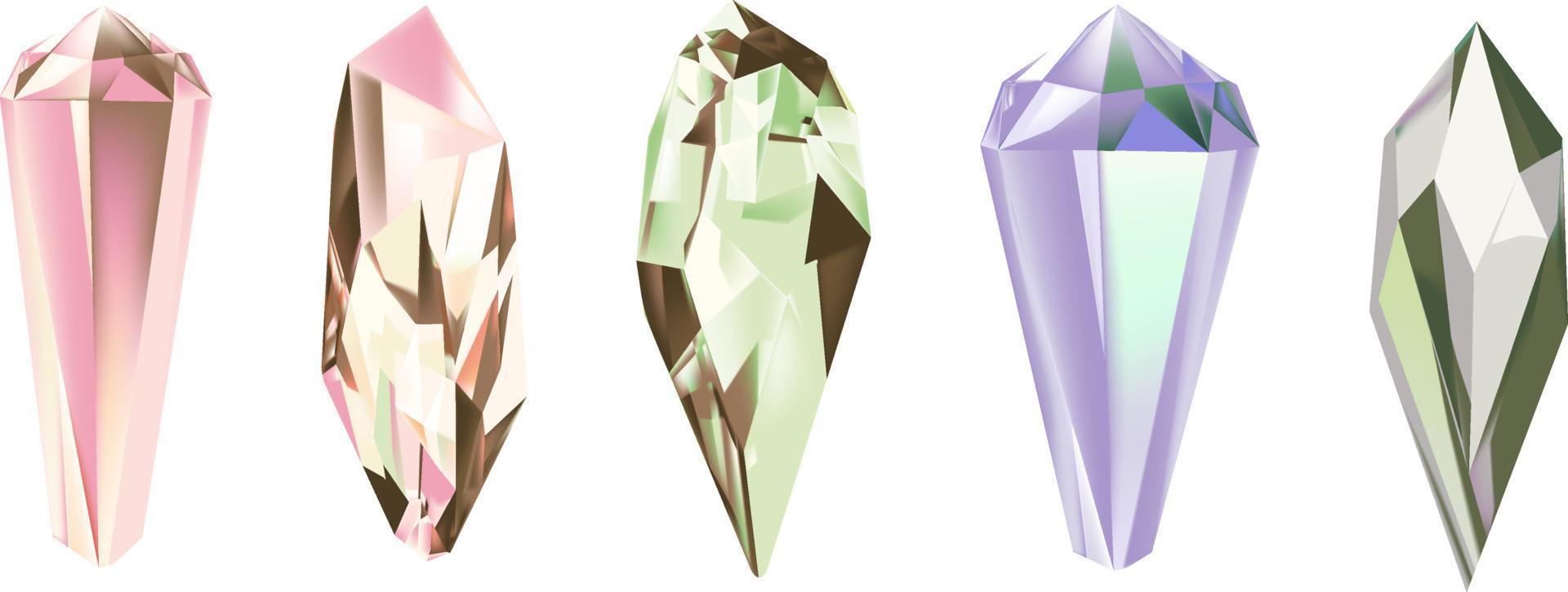 A collection of images of diamonds of various geometric shapes, colors and sizes.Glass shiny crystals with different shades reflecting light.Vector realistic set of glow gemstone or colorful ice. vector