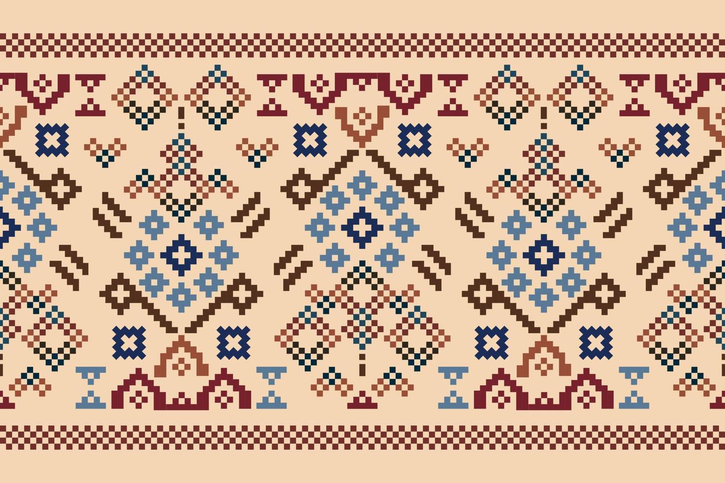 Ethnic geometric fabric pattern Cross Stitch.Ikat embroidery Ethnic oriental Pixel pattern brown cream background. Abstract,vector,illustration.For texture,clothing,wrapping,decoration,carpet. vector