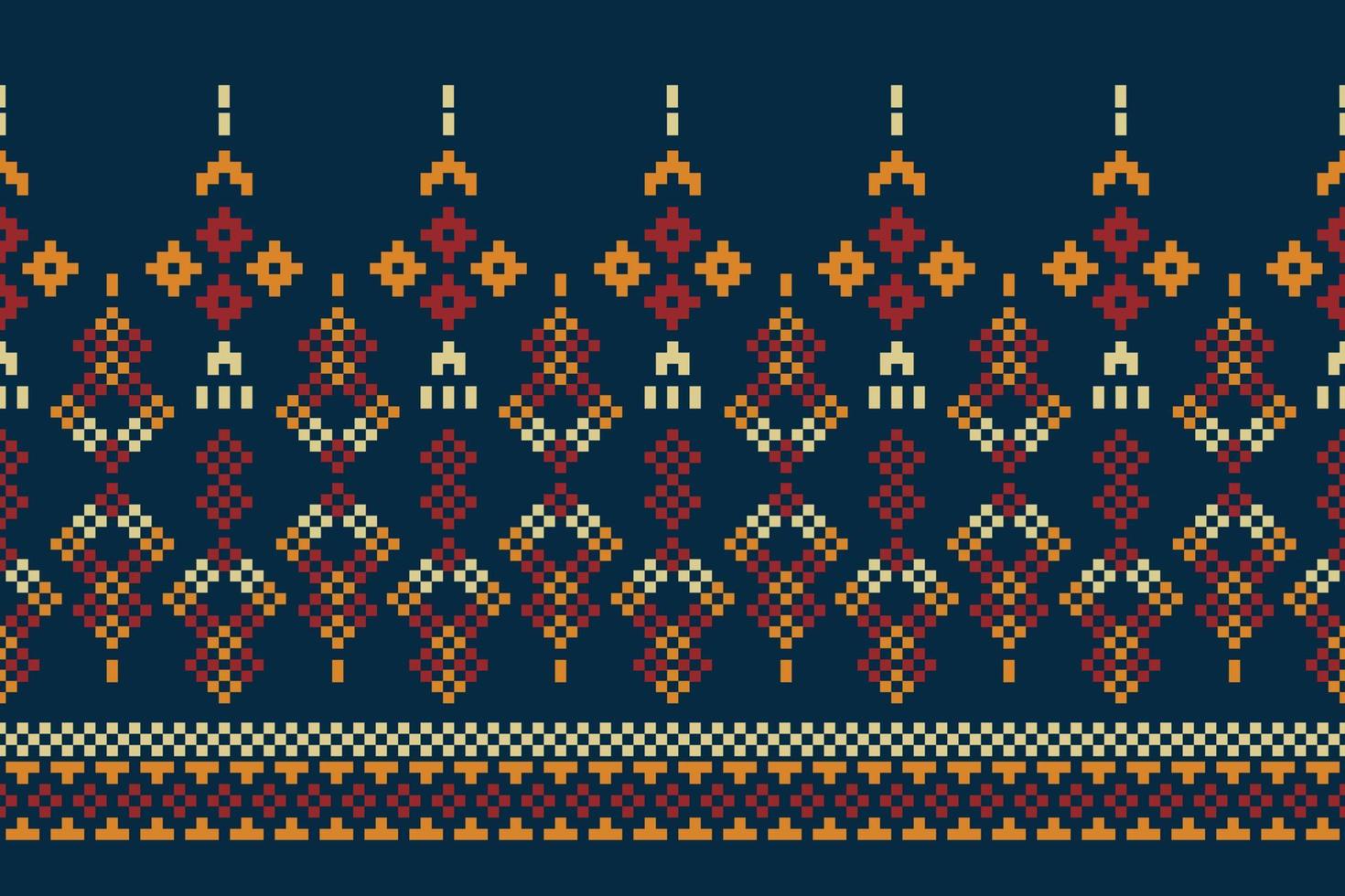 Ethnic geometric fabric pattern Cross Stitch.Ikat embroidery Ethnic oriental Pixel pattern navy blue  background. Abstract,vector,illustration.For texture,clothing,wrapping,decoration,carpet. vector