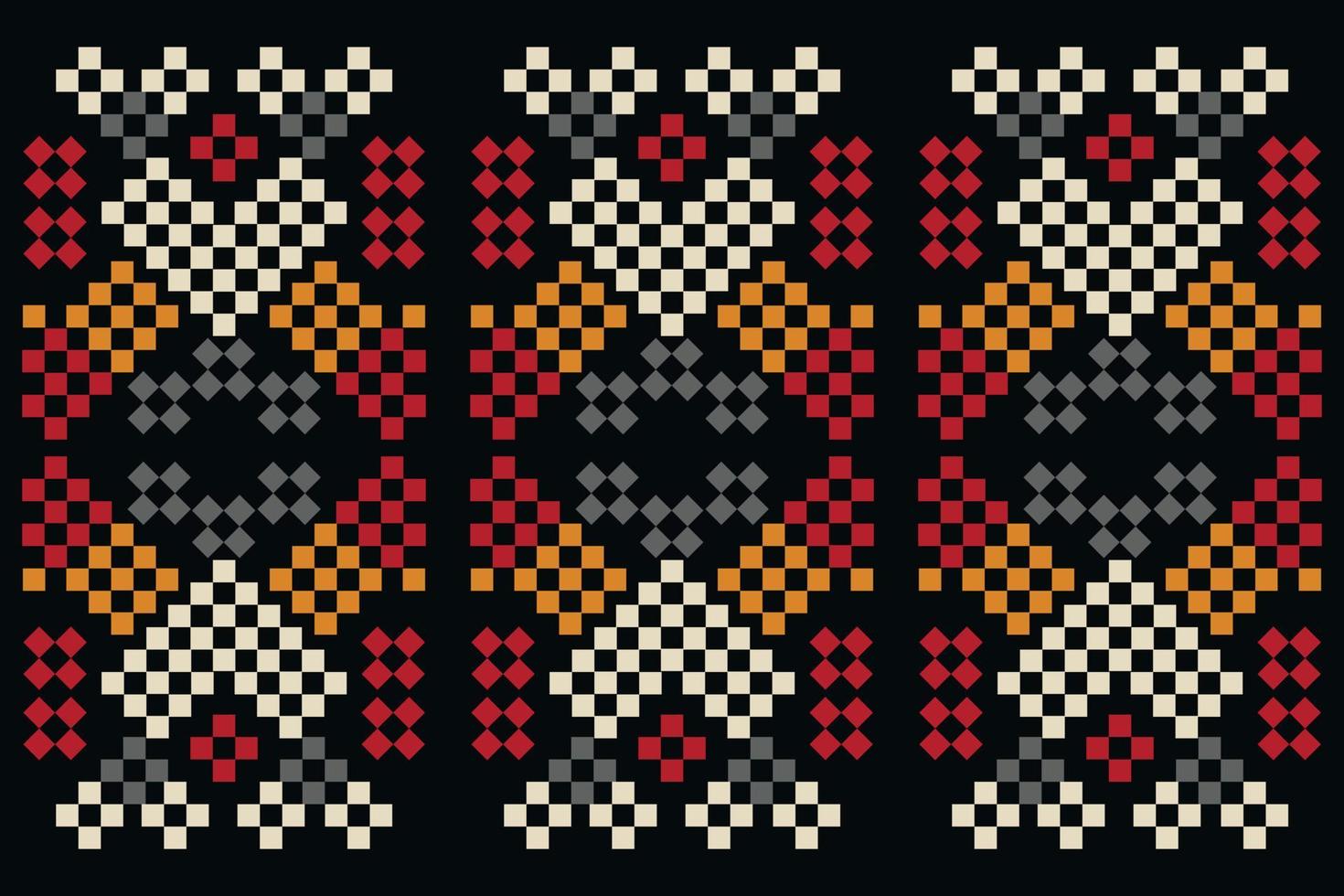 Ethnic geometric fabric pattern Cross Stitch.Ikat embroidery Ethnic oriental Pixel pattern dark black background. Abstract,vector,illustration.For texture,clothing,wrapping,decoration,carpet. vector