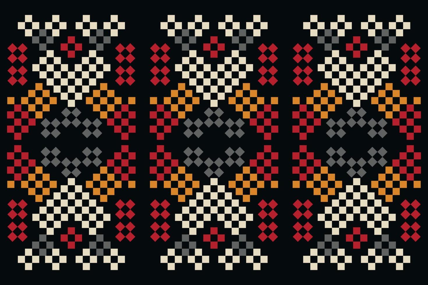 Ethnic geometric fabric pattern Cross Stitch.Ikat embroidery Ethnic oriental Pixel pattern dark black background. Abstract,vector,illustration.For texture,clothing,wrapping,decoration,carpet. vector