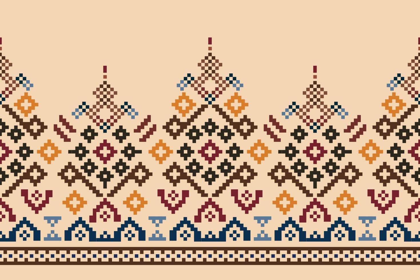 Ethnic geometric fabric pattern Cross Stitch.Ikat embroidery Ethnic oriental Pixel pattern brown cream background. Abstract,vector,illustration.For texture,clothing,wrapping,decoration,carpet. vector