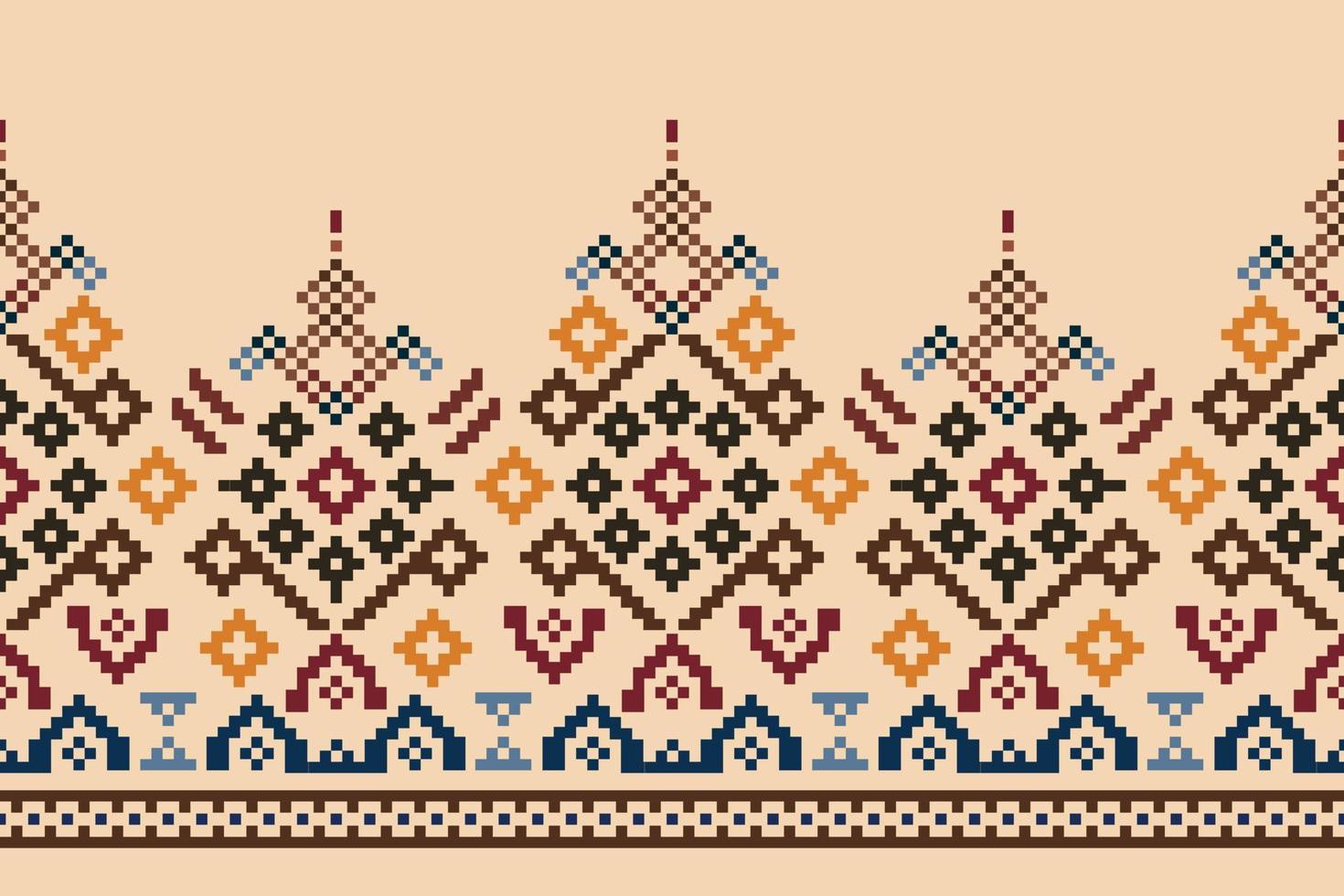 Ethnic geometric fabric pattern Cross Stitch.Ikat embroidery Ethnic oriental Pixel pattern brown cream background. Abstract,vector,illustration.For texture,clothing,wrapping,decoration,carpet. vector