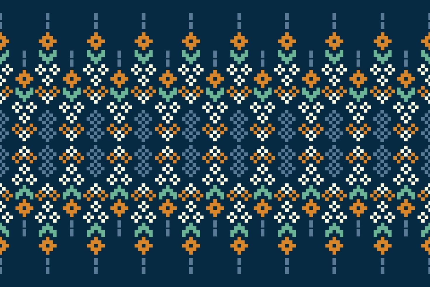 Ethnic geometric fabric pattern Cross Stitch.Ikat embroidery Ethnic oriental Pixel pattern navy blue  background. Abstract,vector,illustration.For texture,clothing,wrapping,decoration,carpet. vector
