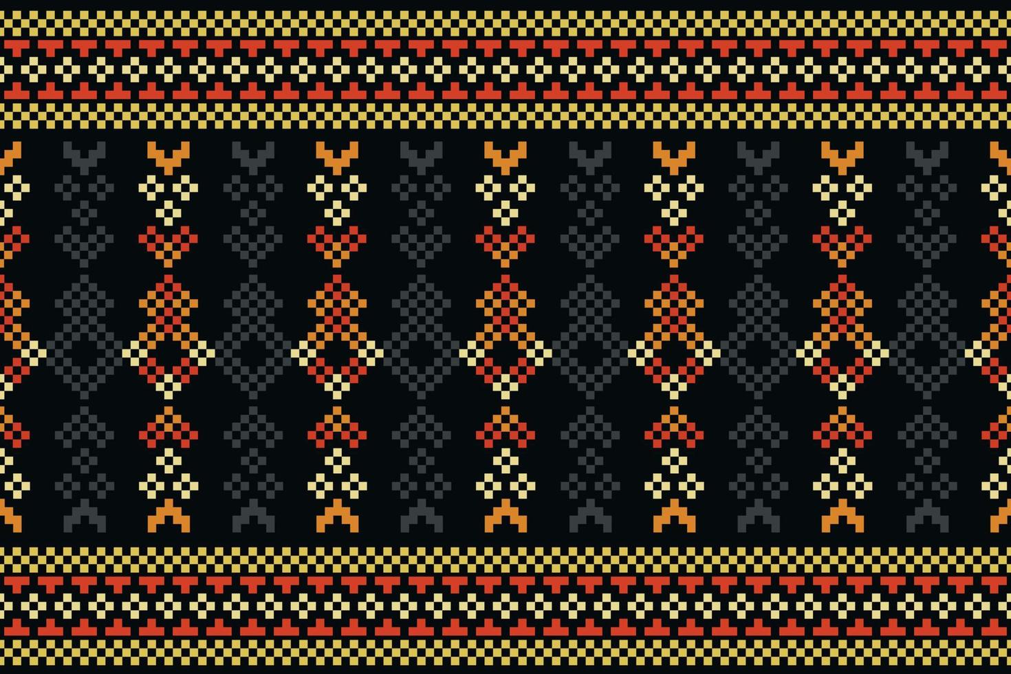 Ethnic geometric fabric pattern Cross Stitch.Ikat embroidery Ethnic oriental Pixel pattern dark black background. Abstract,vector,illustration.For texture,clothing,wrapping,decoration,carpet. vector