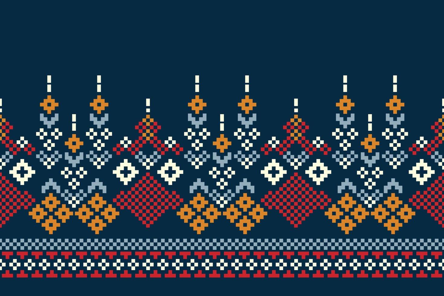 Ethnic geometric fabric pattern Cross Stitch.Ikat embroidery Ethnic oriental Pixel pattern navy blue  background. Abstract,vector,illustration.For texture,clothing,wrapping,decoration,carpet. vector