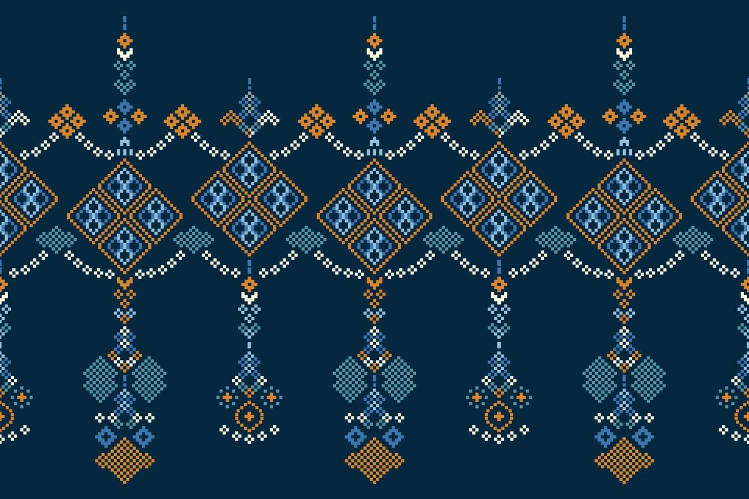 Ethnic geometric fabric pattern Cross Stitch.Ikat embroidery Ethnic oriental Pixel pattern navy blue  background. Abstract,vector,illustration.For texture,clothing,wrapping,decoration,carpet. vector