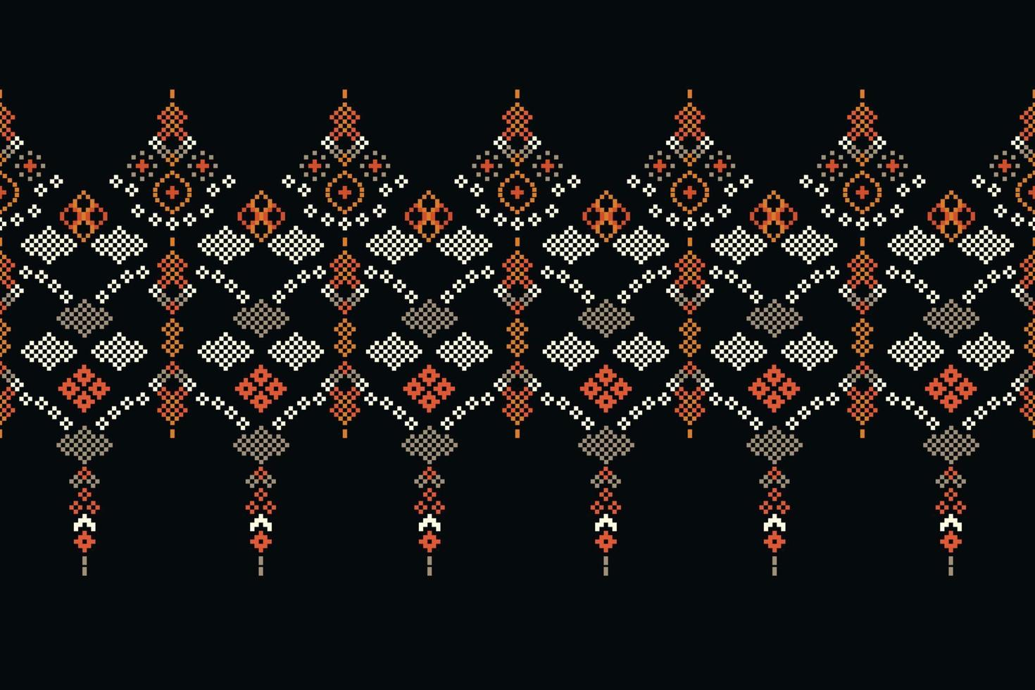 Ethnic geometric fabric pattern Cross Stitch.Ikat embroidery Ethnic oriental Pixel pattern dark black background. Abstract,vector,illustration.For texture,clothing,wrapping,decoration,carpet. vector