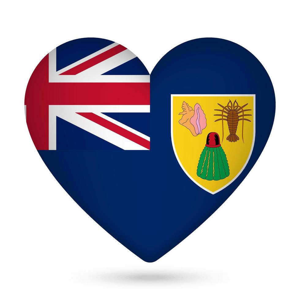 Turks and Caicos Islands flag in heart shape. Vector illustration.