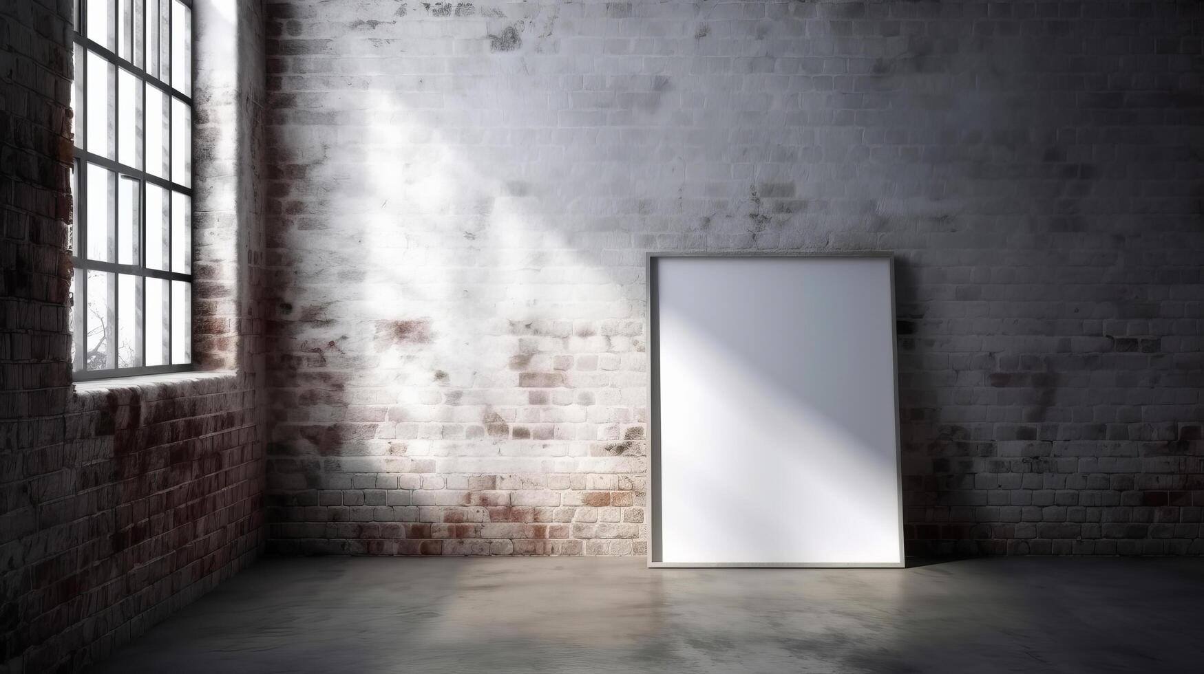 Blank white frame mockup against brick wall. Illustration photo