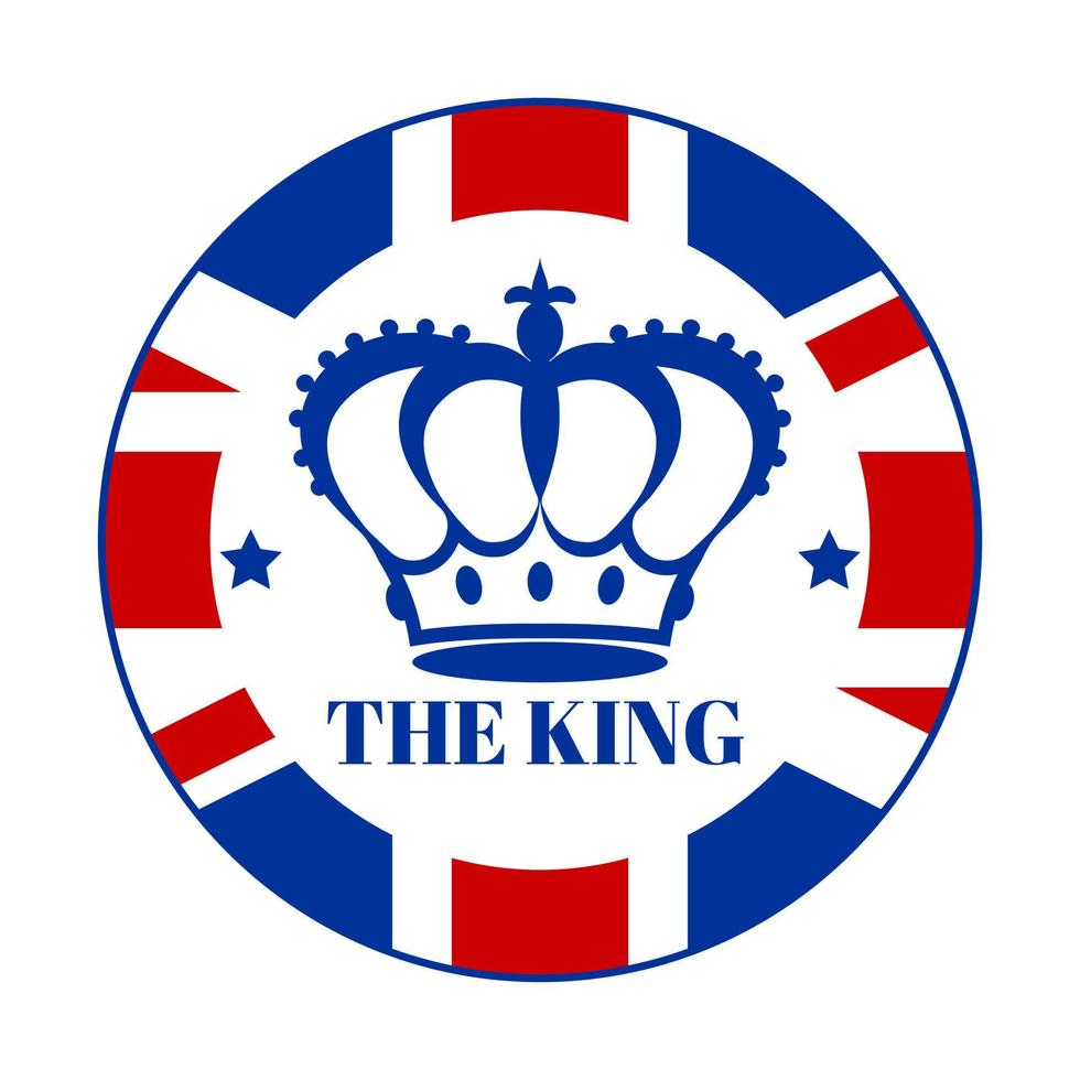 A round badge emblazoned with the British flag, a royal crown and the word The King. Poster, postcard, emblem, logo in honor of the coronation of the new king of England. Vector illustration.