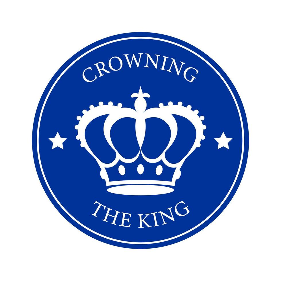 A white outline of the royal crown on a circular blue background, accompanied by the words Coronation of the King in modern script. Minimalist design. Vector illustration.