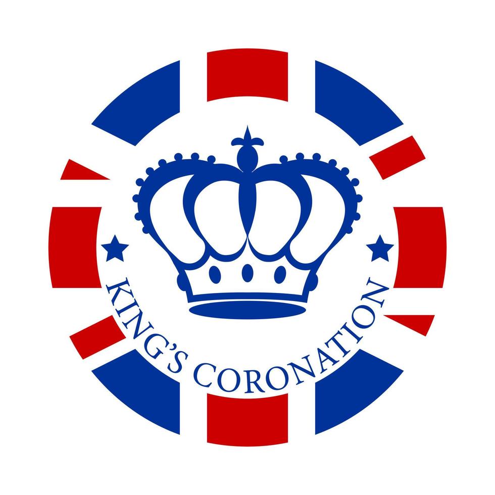 real corona en plano estilo en un redondo británico bandera antecedentes con texto del rey coronación. insignia, emblema, logo en honor de el coronación de el nuevo Rey de Inglaterra. vector ilustración.