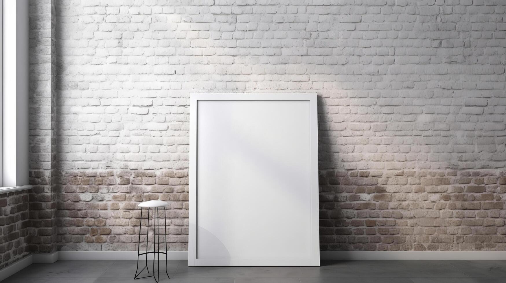 Blank white frame mockup against brick wall. Illustration photo