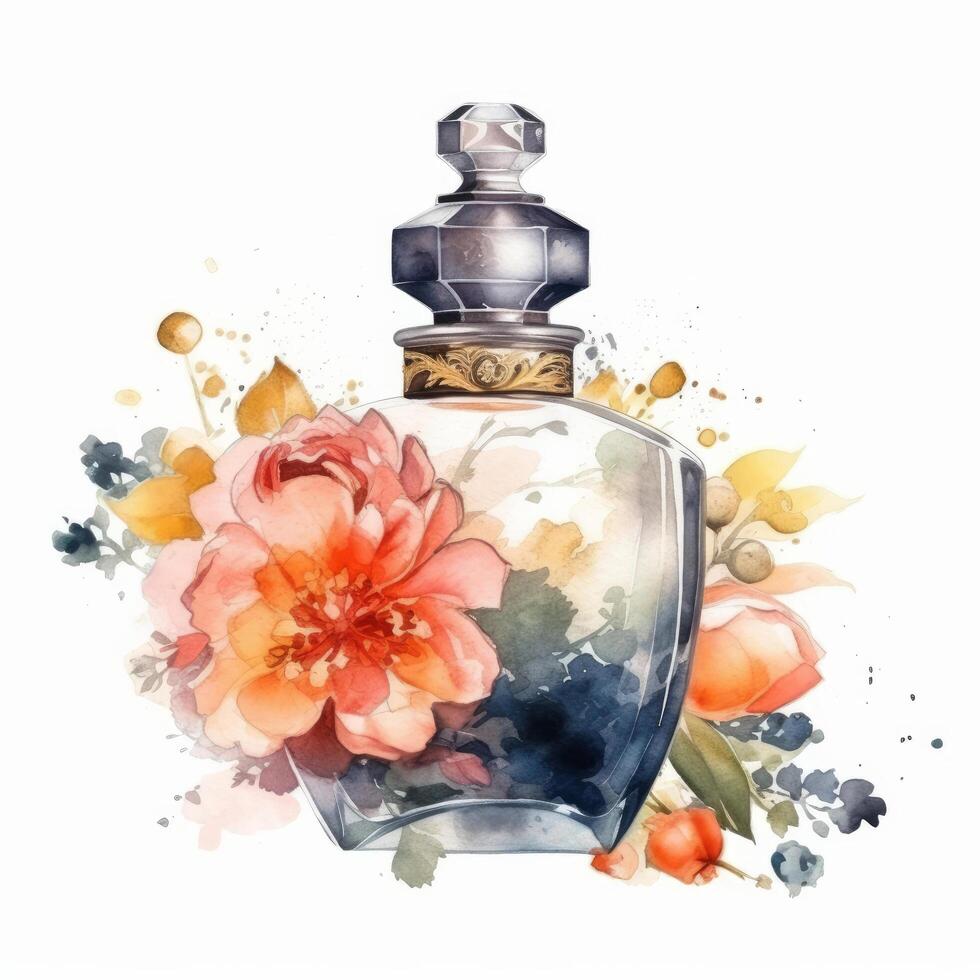 Watercolor perfume with flowers. Illustration photo