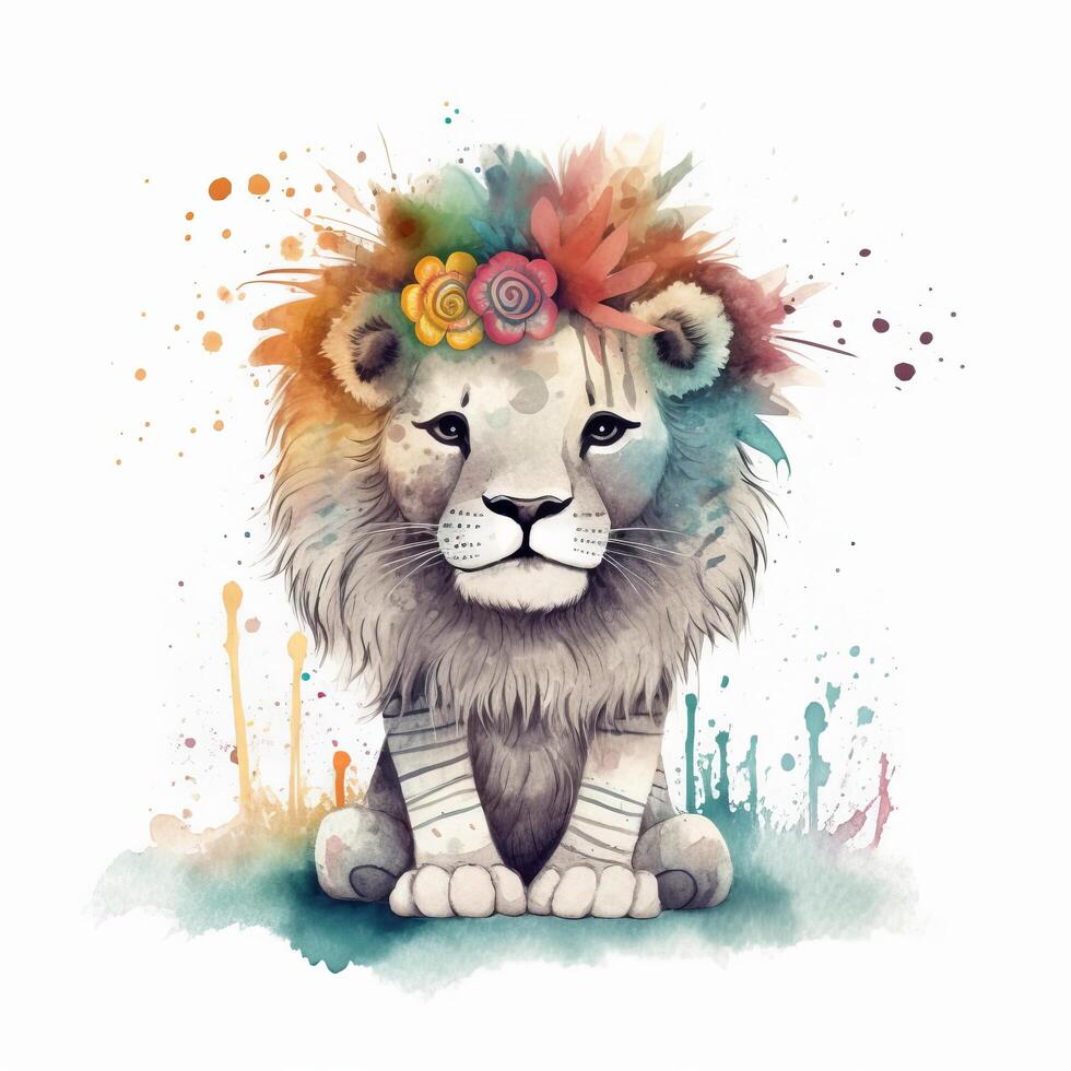 Cute watercolor baby lion. Illustration photo