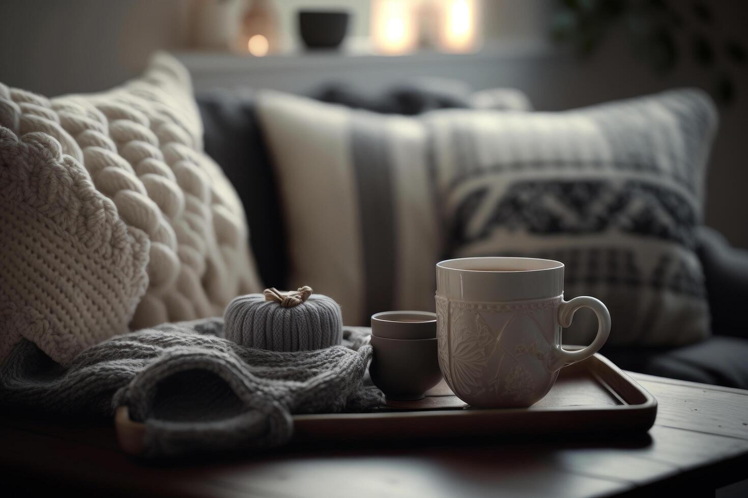 Cozy interior with cup of coffee. Illustration photo