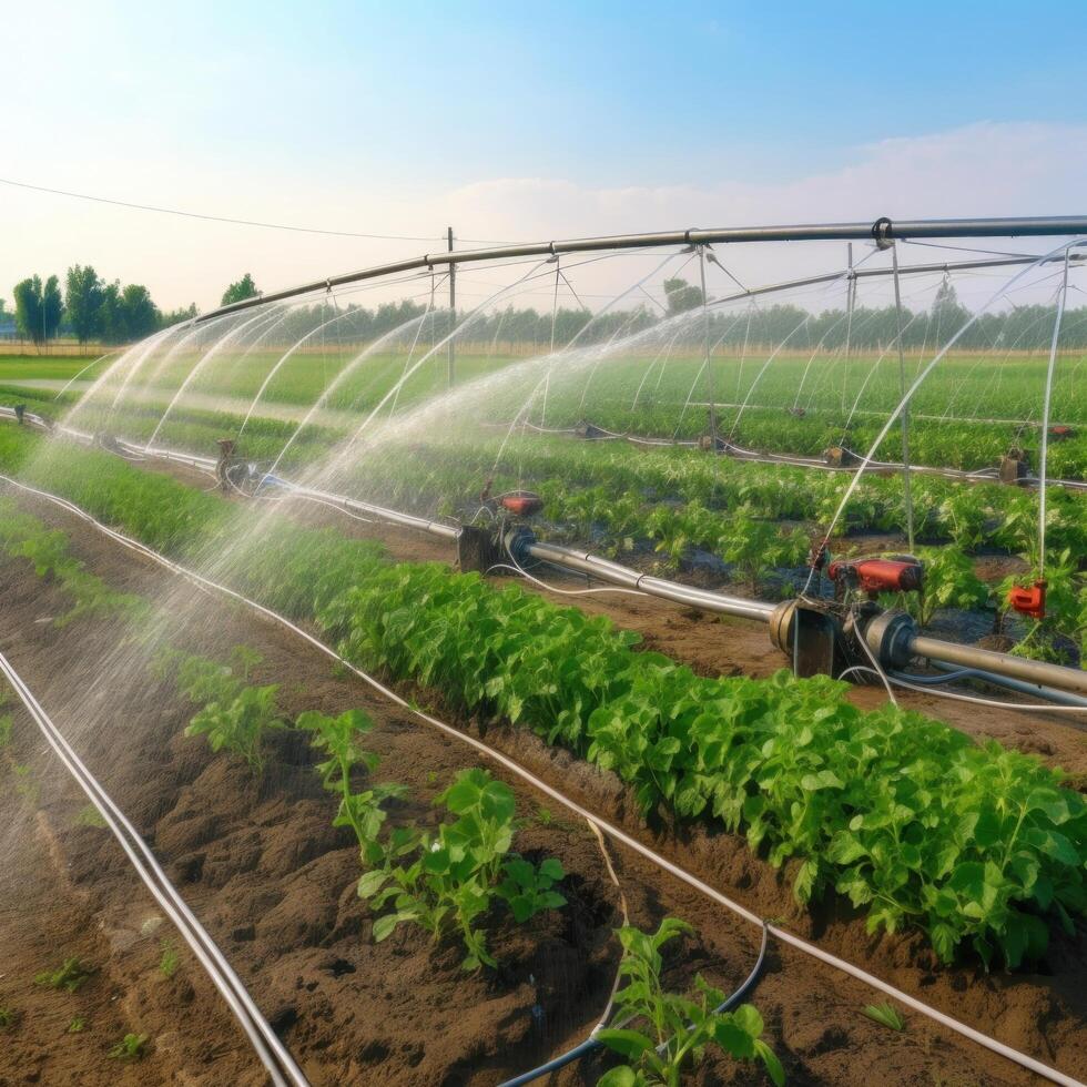 irrigación sistema en funcional riego de agrícola plantas ilustración ai generativo foto