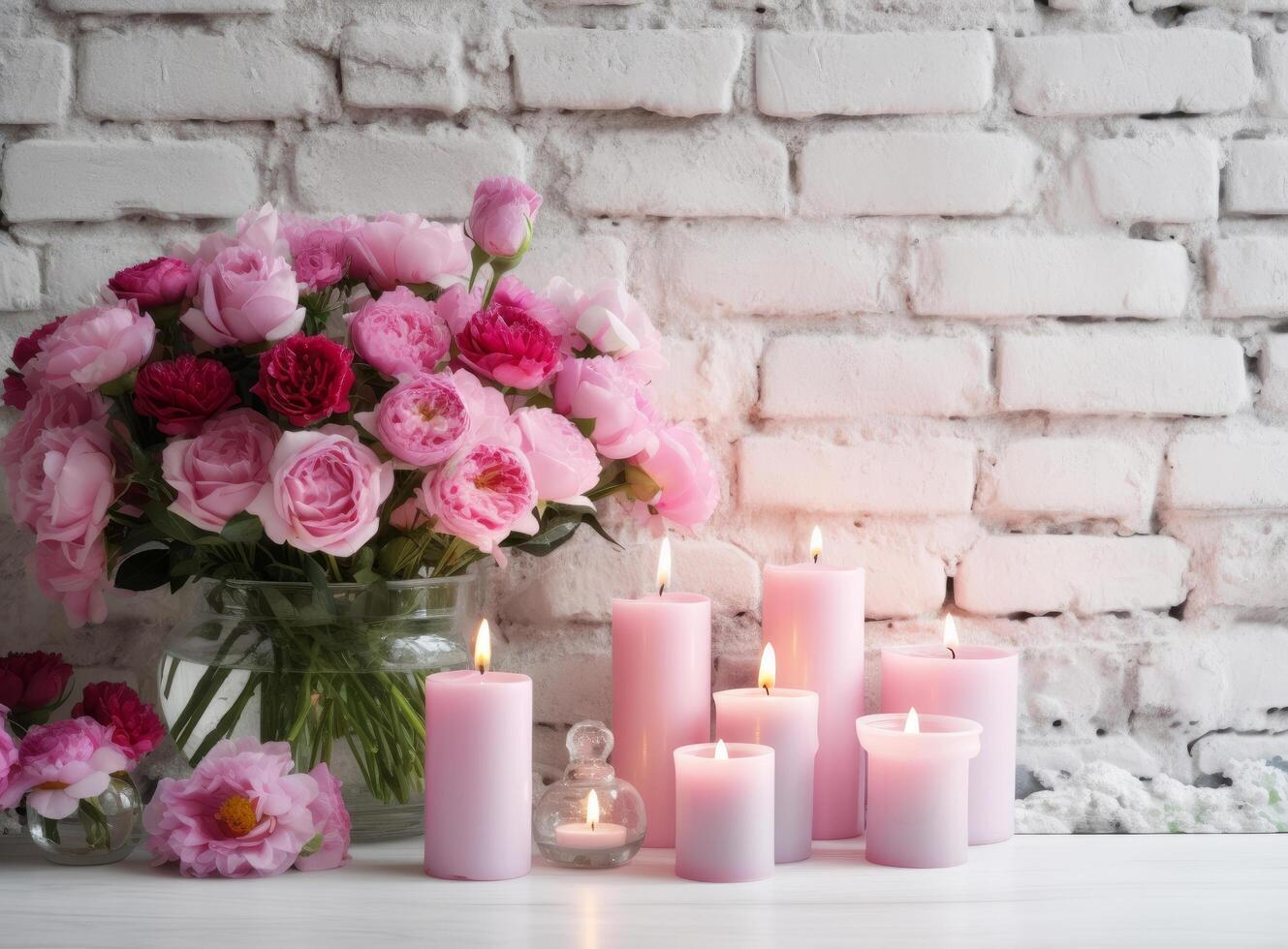 Pink flowers with candles. Illustration photo