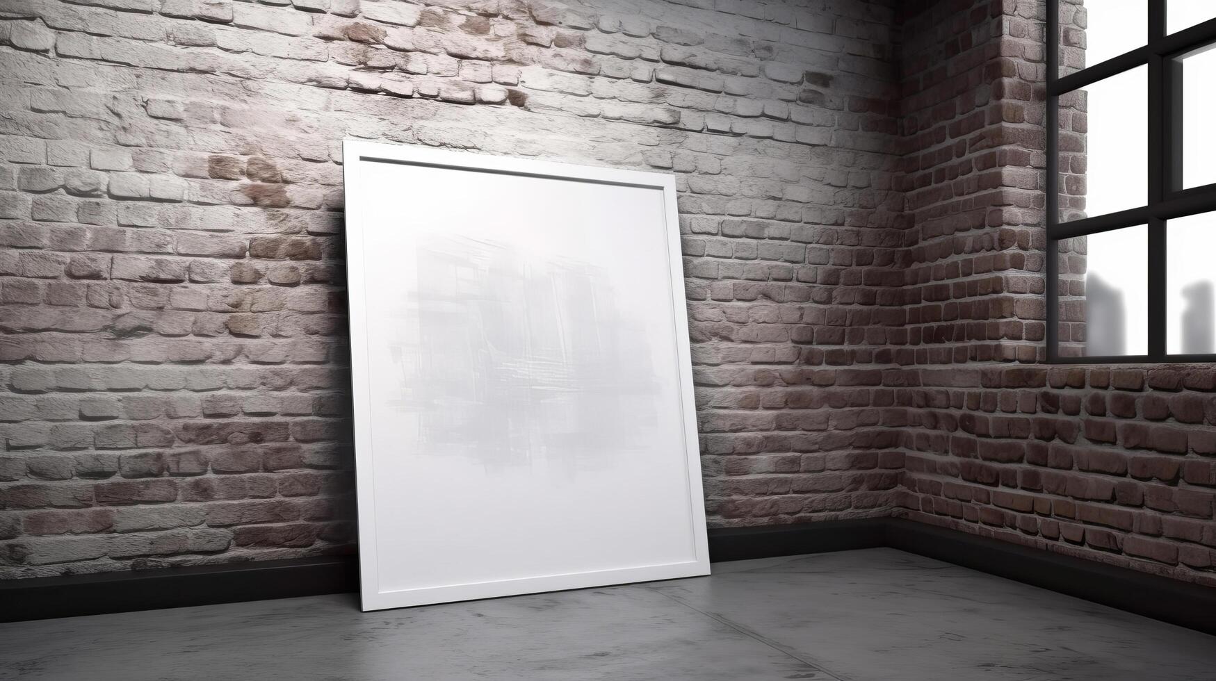 Blank white frame mockup against brick wall. Illustration photo
