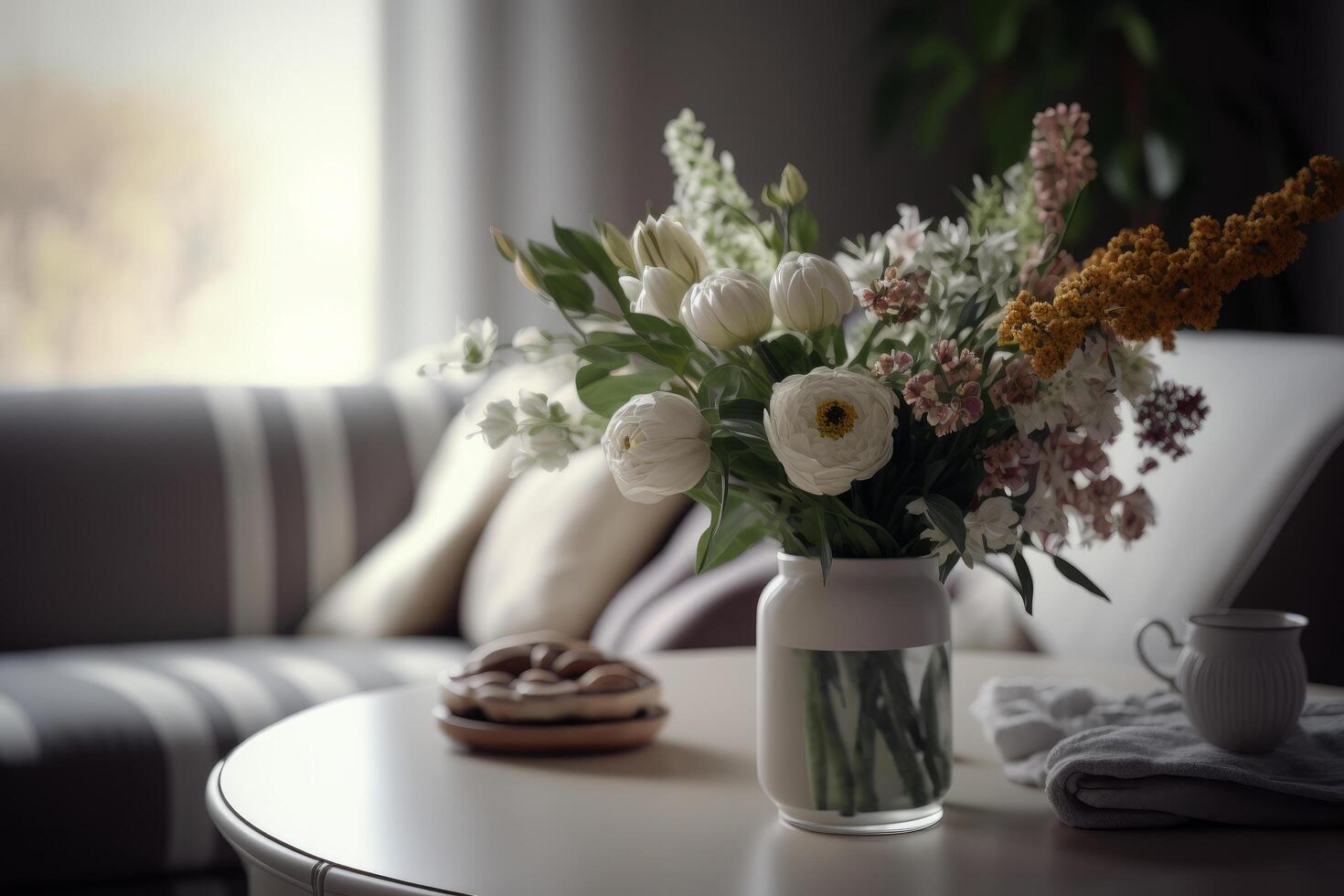 Interior design with flowers in vase. Illustration photo