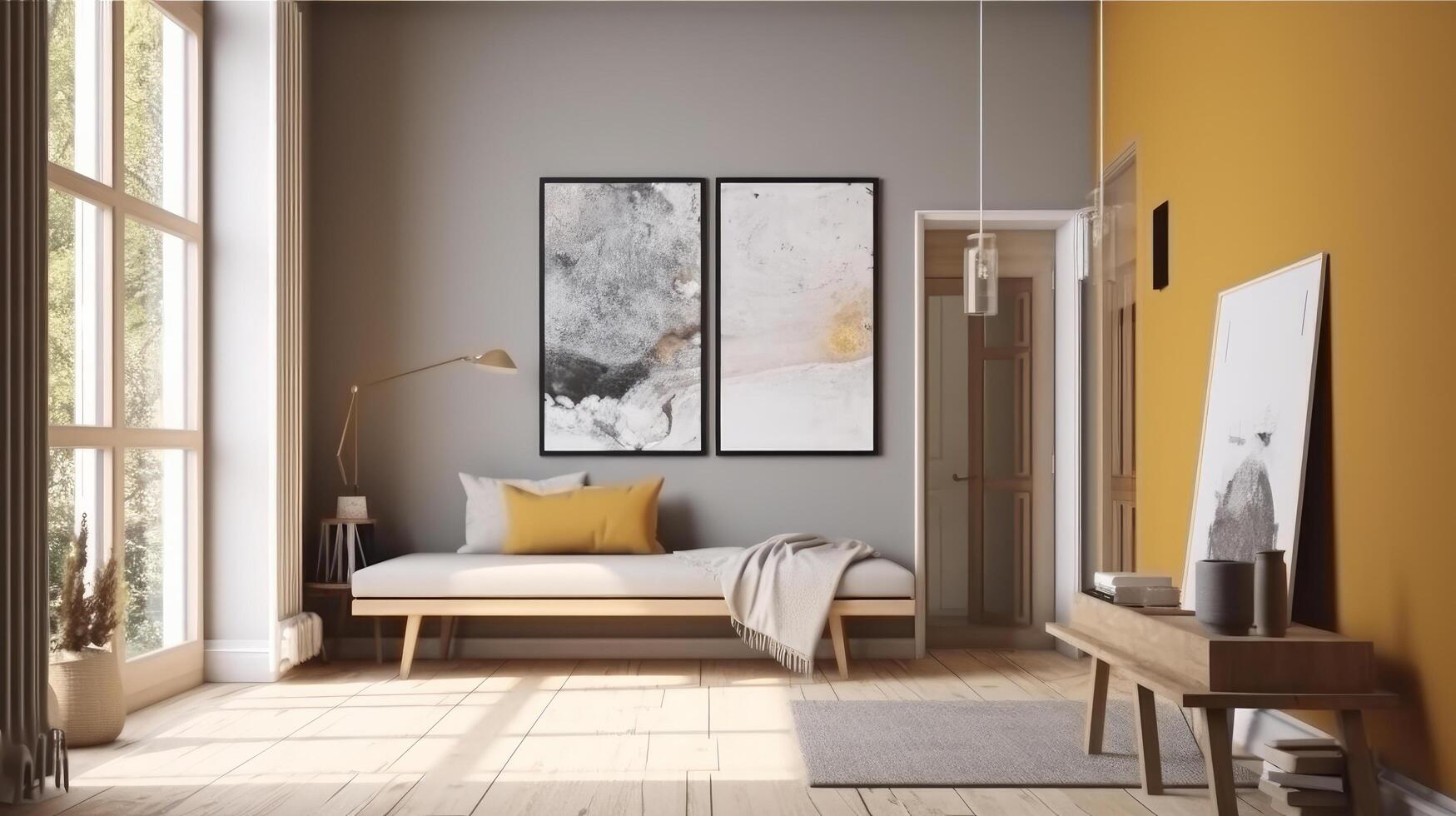 interior de moderno dormitorio con gris paredes- hormigón piso- cómodo Rey  Talla cama con naranja lino y marrón cabecera mesa con dos cabecera mesas.  3d representación 25367193 Foto de stock en Vecteezy