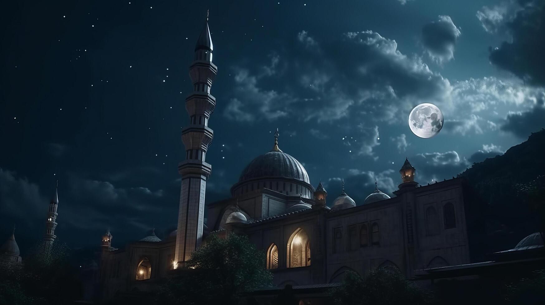 Mosque in front of night cloudy and starry sky Illustration photo