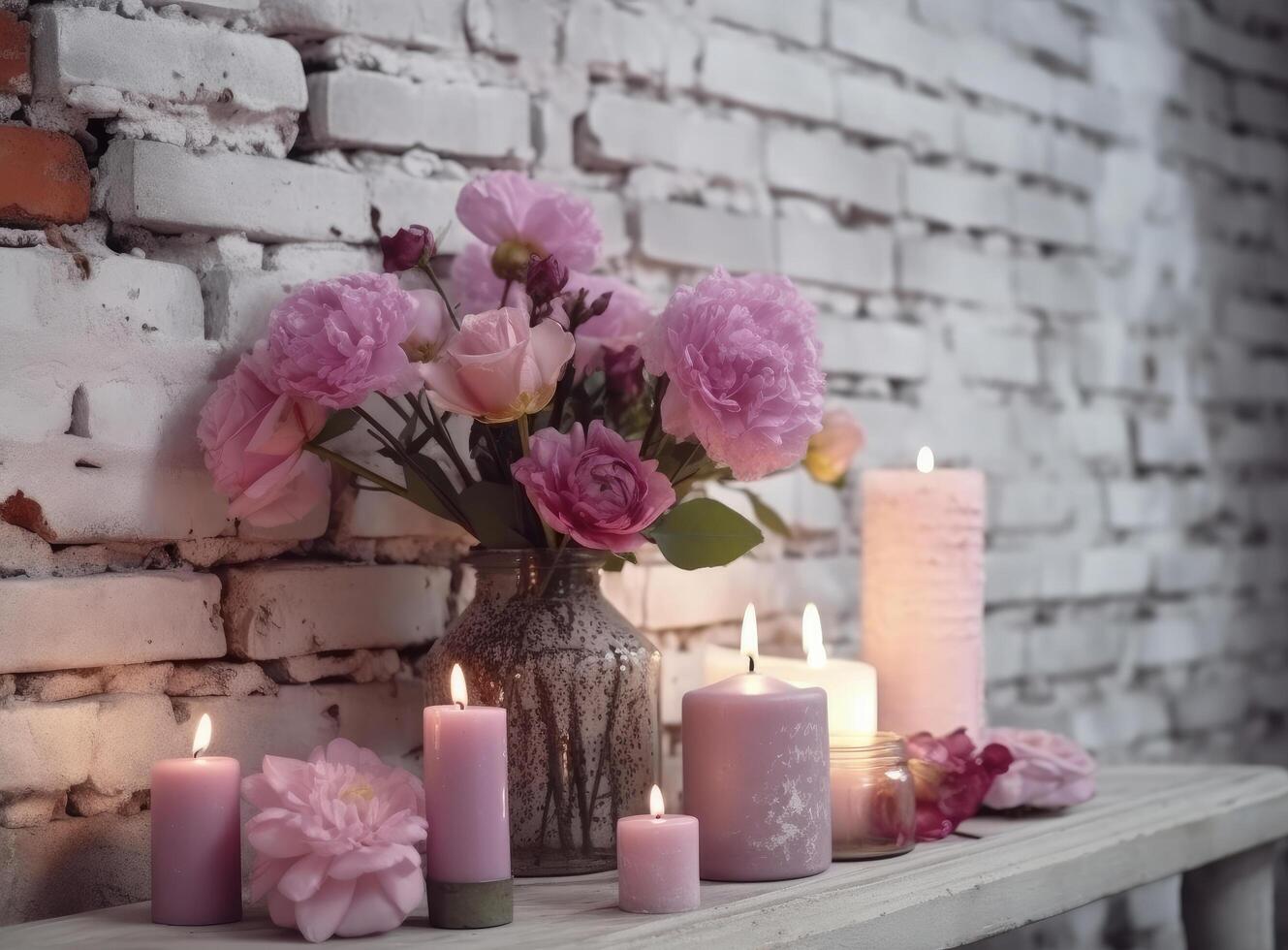 Pink flowers with candles. Illustration photo