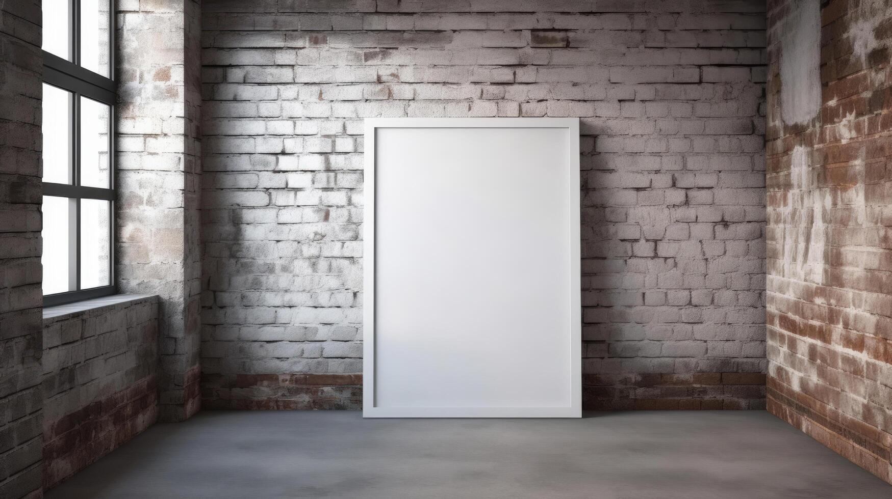 Blank white frame mockup against brick wall. Illustration photo