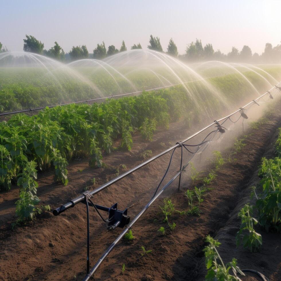 irrigación sistema en funcional riego de agrícola plantas ilustración ai generativo foto