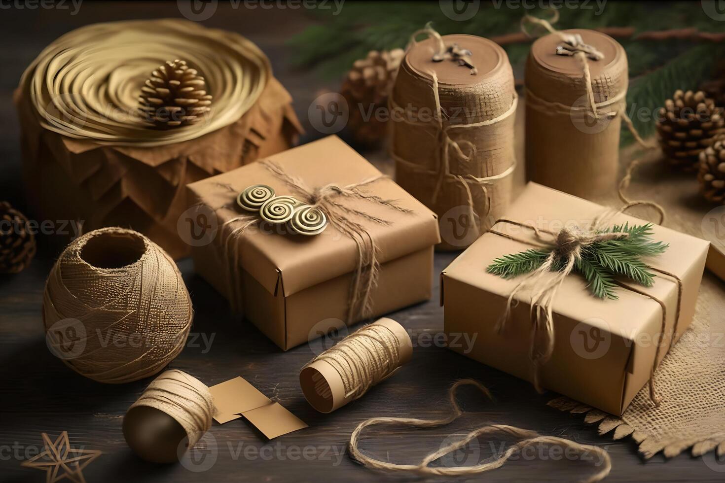 Christmas and New Year gift boxes and decorations, eco friendly trendy zero waste packaging. Neural network photo