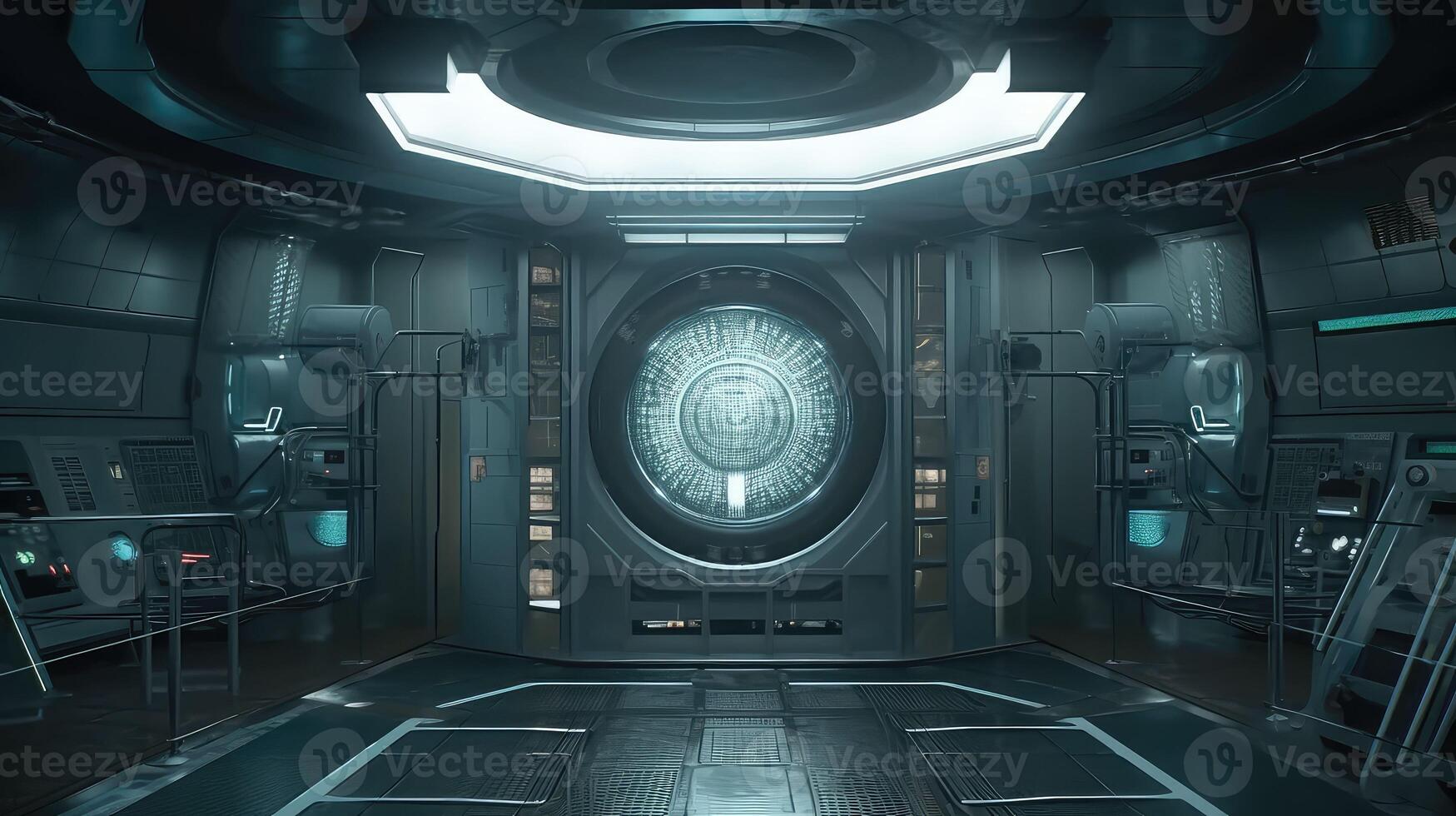 Grunge Spaceship interior with black background 3D rendering.. Created with photo