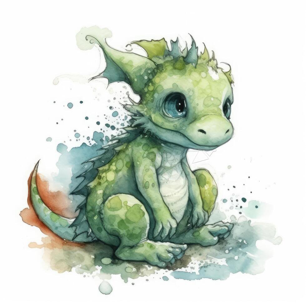 sad looking cute little green dragon . photo