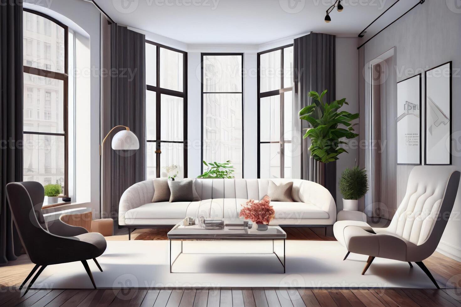 Modern interior design of cozy apartment, living room with sofa . photo