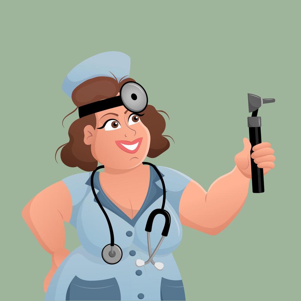 Nice woman otolaryngologist holding an otoscope. Audiologist doctor in medical gown with instruments used to examine the ear, nose, and throat. Female ENT doctor. Vector cartoon illustration.