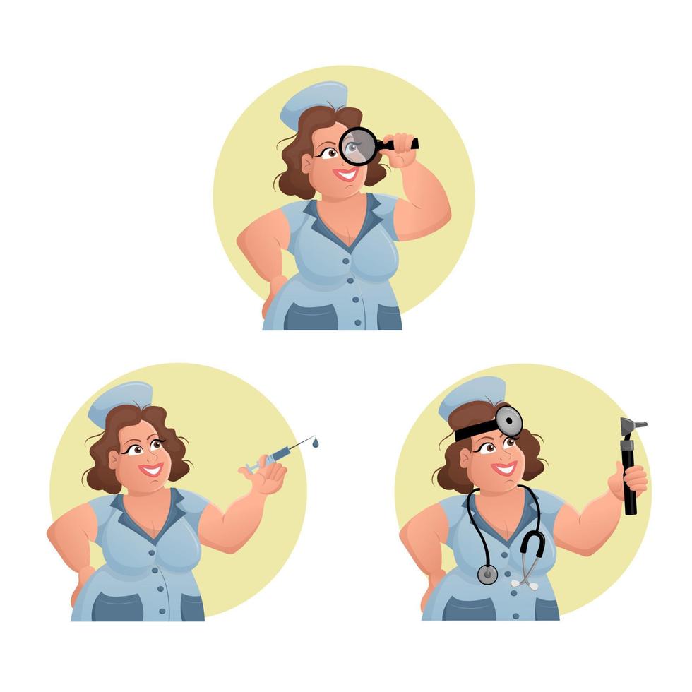 Set of stickers with women doctors - pediatrician, therapist, nurse, otorhinolaryngologist and ophthalmologist. Narrow medical specialists. Cartoon vector illustration.