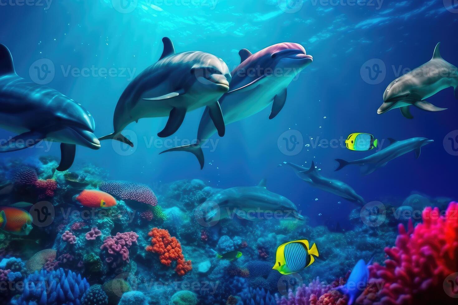 Beautiful dolphins under the sea . photo