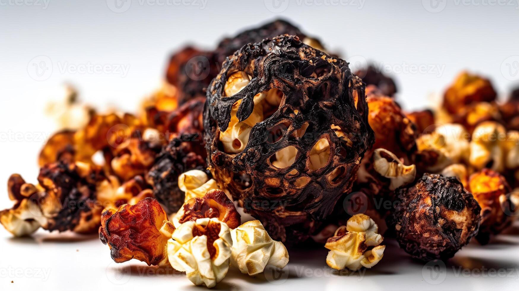 burnt popcorn on white background, image photo