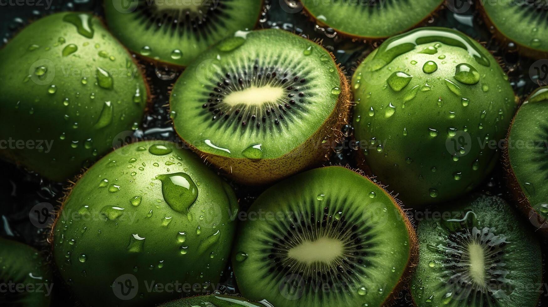 sweet sliced kiwi background, adorned with glistening droplets of water , image photo