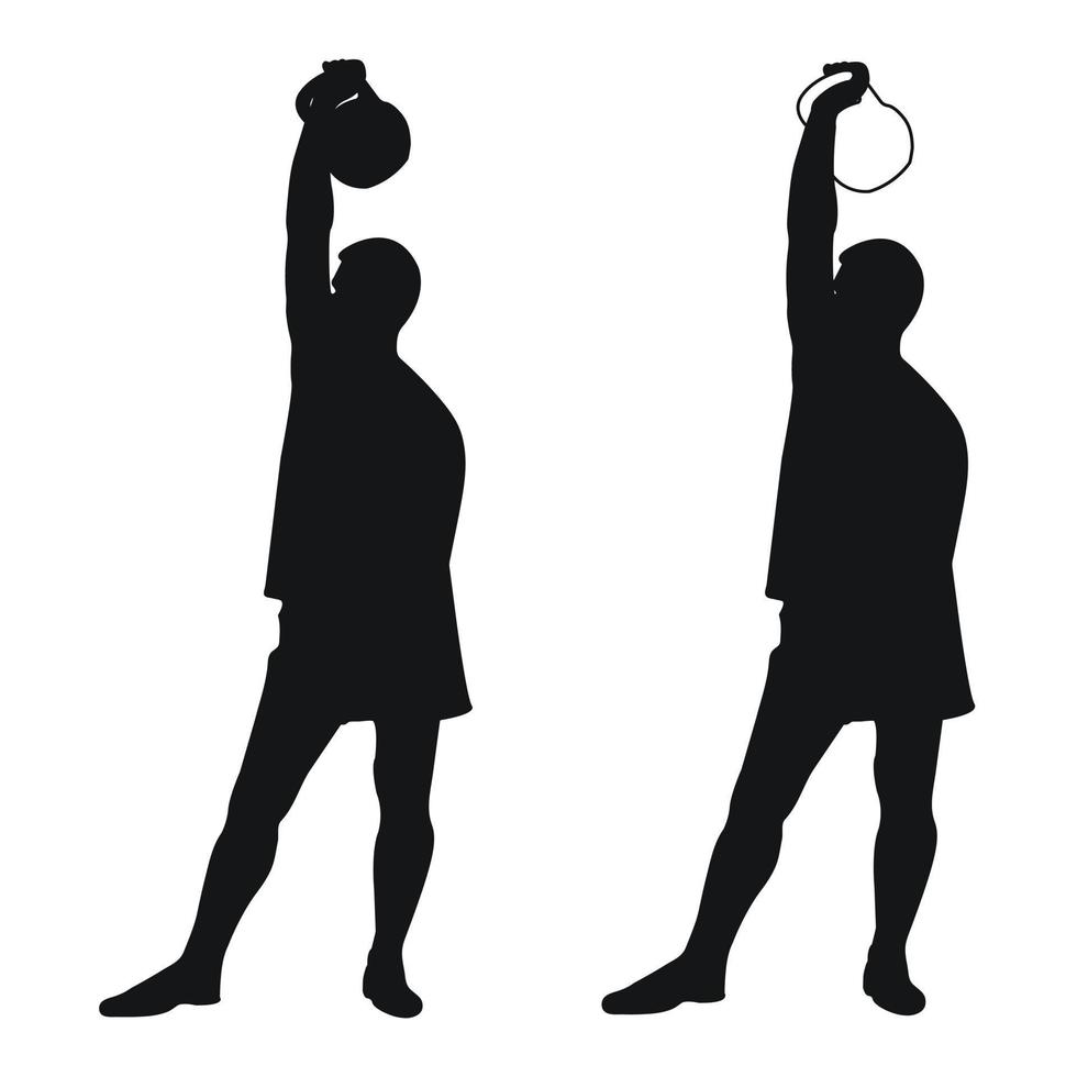 Set silhouettes athletes weight lifter lift kettlebell, weights. Weight lifting. Pull, push, bench press vector