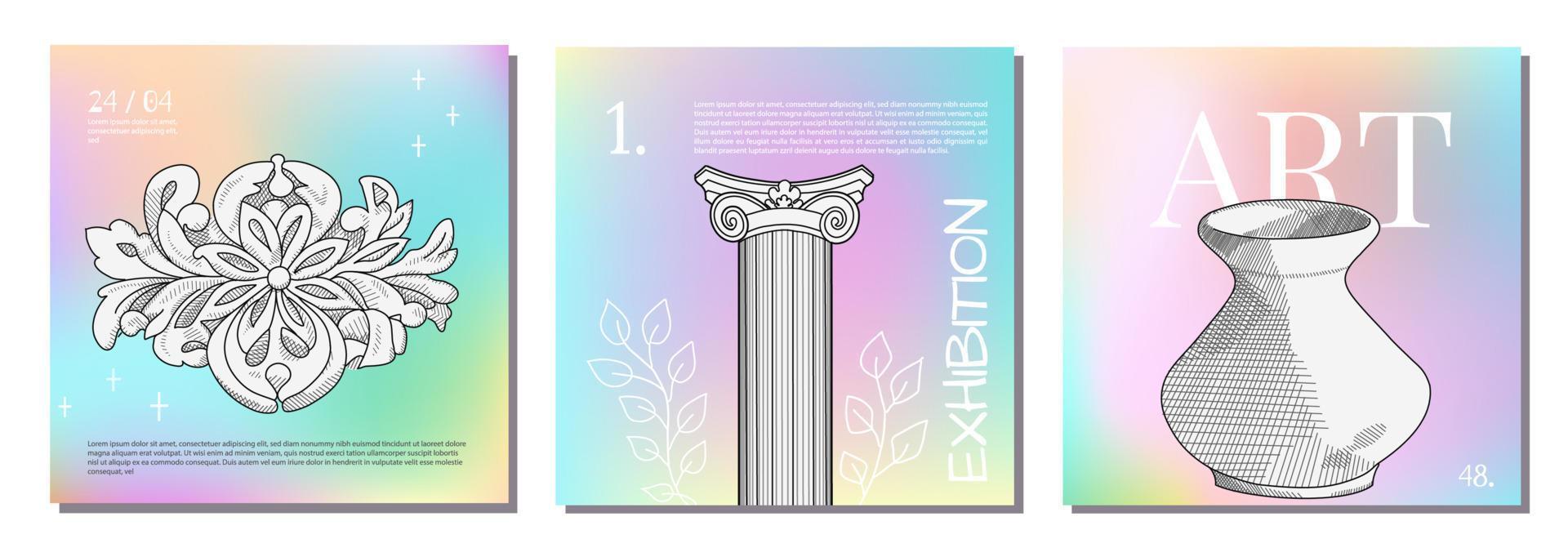 Art of sculpture. Creative square post concept with abstract geometric shapes, gradient and Ancient sculptures. Roman, Greek vector illustration. Art posters for the exhibition, magazine or cover set.